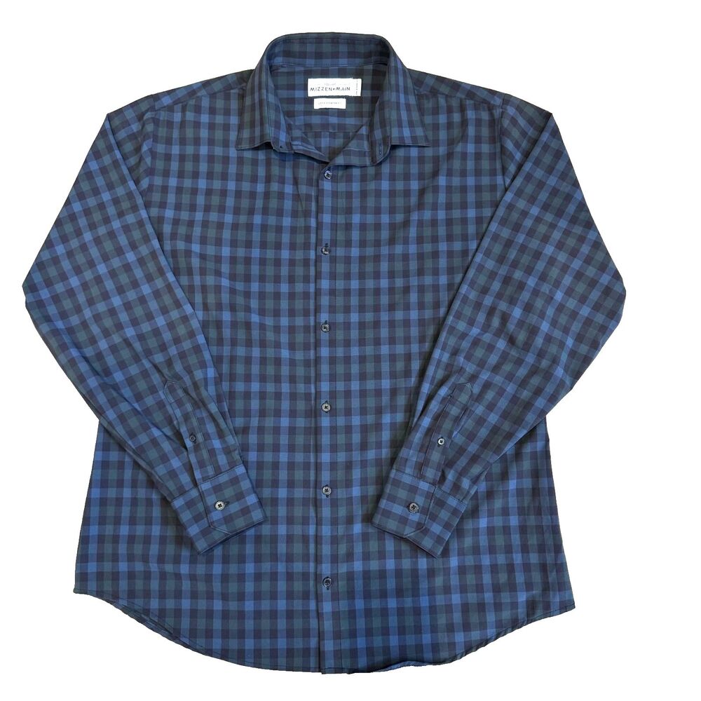 Mizzen+Main dress shirt mens L blue plaid long sleeve performance stretch office